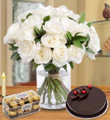 Bunch of 20 White roses with 1 kg Chocolate Cake and 16pcs Ferrero Rocher Chocolate Explanation Flowers