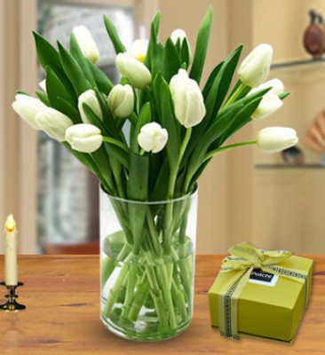 Bunch 20 White Tulips and 250 gms Patchi Chocolate Combo Purity