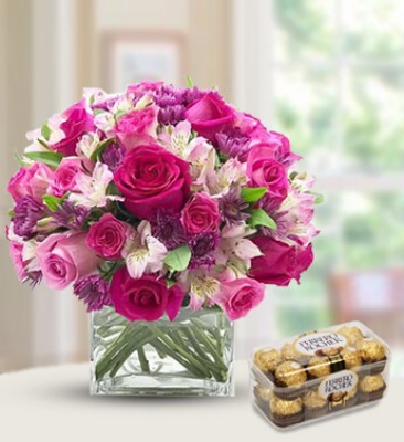 Bunch of 15 Dark and Light Pink roses , 2 stems of pink Alstroemeria and 2 stems of purple chrysanthemums with 16 pcs Ferrero Rocher Mix Flower Combo