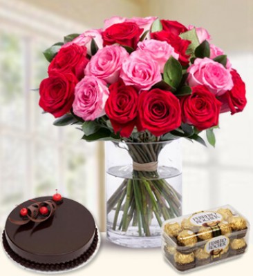 Bunch of 24 Red and Pink Rose , 1 Kg Cake and 16 pcs Ferrero Roche Chocolate Class Apart