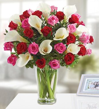 10 White Calla Lilies, 10 Red and 10 Pink Roses in a glass vase. Triple Tenderness