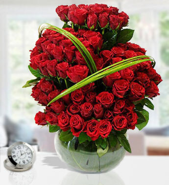100 Stems Of Red Roses in a Glass Vase With Steel Grass (as Image) Red Beauty 100