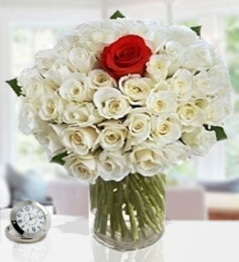 40 Stem of White and 1 Stem of Red Roses in a Glass Vase Abundance Love