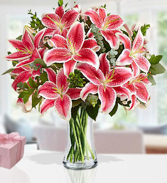 10 Stems of Pink Lilies with Greens & Fillers in a Glass Vase. Charming Pink Lilies
