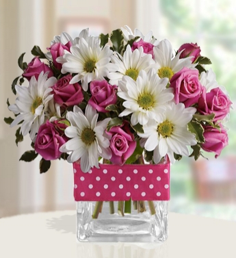10 Stems Of Pink Roses & 4 Stems of White Chrysanthemums in a Glass Vase (one sided round arrangement) Cotton Candy