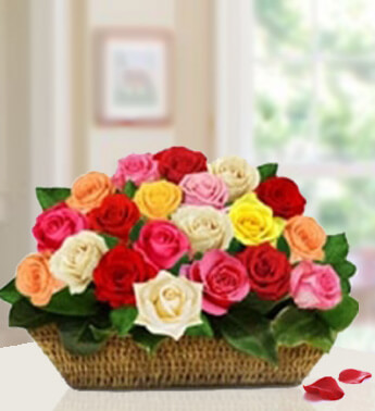 Basket arrangement of 20 Mixed Roses Celebrate The Moment
