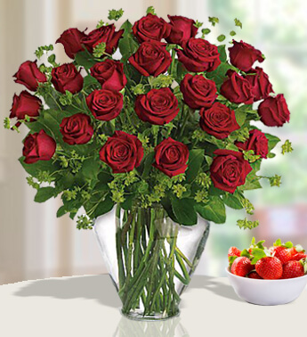 24 Red Roses with Greens in a Glass Vase Sweetness & Light