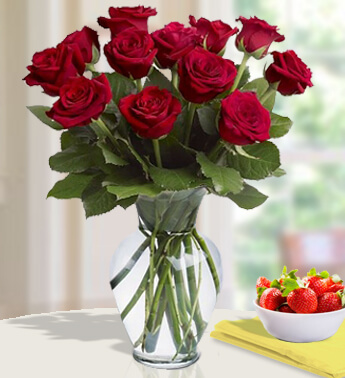 12 Stems of Red Roses with Greens & Gypsophelia in a Glass Vase Fresh Love