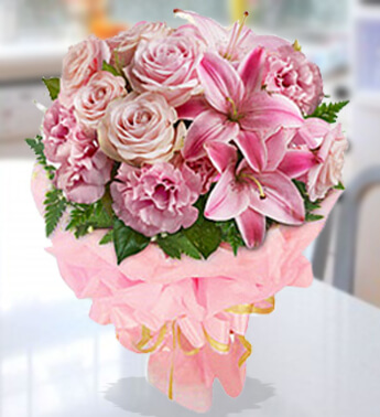 Bunch of 6 Stems Of Pink Roses 6 Stems Of Pink Carnations & 3 Stems of Pink Lilies in nice wrapping Pink Perfection