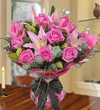 Bunch of 3 Stems Of Pink Lilies & 8 Stems of Pink Roses with fillers in nice wrapping My Desire