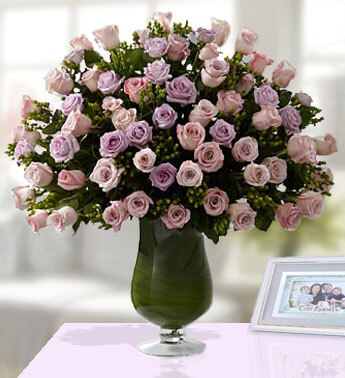 100 Pink and Purple Roses & Gypsophelia in a Glass Vase Just For Her