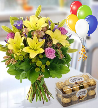 Bunch of 3 stems of yellow lilies ,5 pink roses , 3 stems of Green Chrysanthemum , 3 stems of pink astromeria in nice wrapping, 16 Pc Ferrero Rocher Box & 5 Balloons Flowers, Chocolates and Balloons