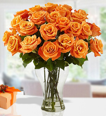 20 Orange roses in a glass vase Sunset