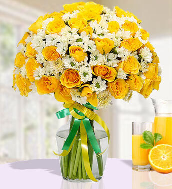 30 stems of Yellow Roses and 6 stems of White Chrysanthemums in a Glass Vase (one sided round arrangement) Yellow Wings