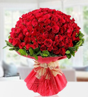Bunch of 50 Red roses with Red Net Packing Breathtaking 50