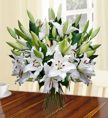 Bunch of 20 stems (approx 60 flowers) of White Lilies with fillers. Honest Beauty