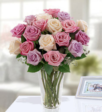 6 Pink, 6 Purple and 6 Peach Roses with fillers in a glass vase. Deluxe Pastel Rose Bouquet