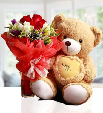 Bunch of 15 Red and white Roses with fillers in nice wrapping & a 24 inch Teddy Bear Teddy Love