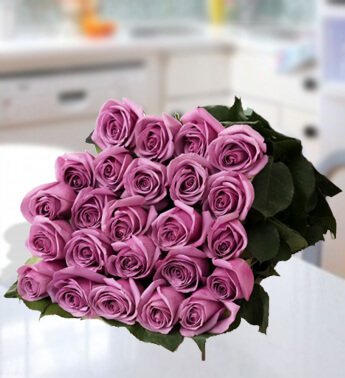 Bunch of 24 Purple Roses with green fillers. Glorious Purple