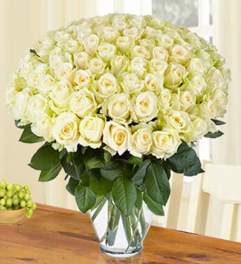 Arrangement of 100 White Roses with green fillers in a glass vase. Innocence and Purity