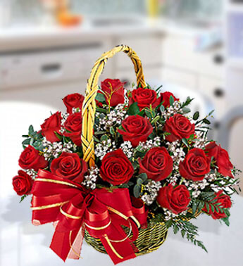 Basket arrangement of 30 Red Roses with fillers. Magical Basket