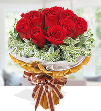 Bunch of 12 stems of Red Roses with fillers in a nice wrapping paper. Kiss by kiss