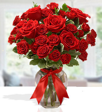 24 Red Roses in a glass vase. Luxurious Red