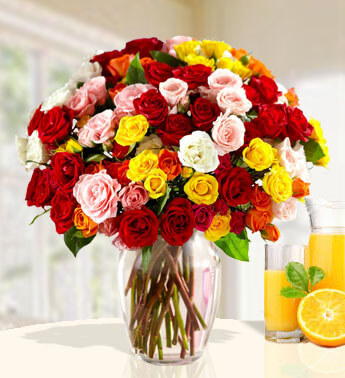 100 Assorted Color Roses in a glass vase. Assorted Color Roses
