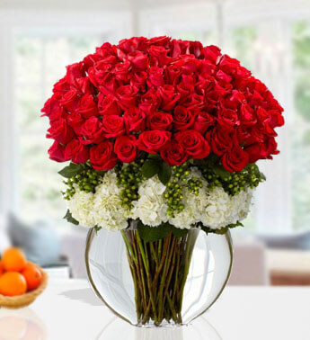 75 Red Roses and 15 white hydrangea in a glass Vase Breathtaking Beauty