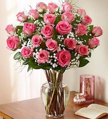24 Pink Rose with gypso in a glass vase. Youthful Charm