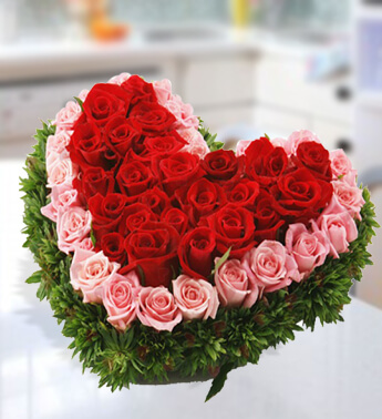 Heart Shape Arrangement of 25 Red And 25 Pink Roses with fillers. Sweet Love Hamper