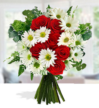 Bunch of 10 Red Roses & 4 stems of White Chrysanthemums in nice wrapping. Enchanting Bouquet