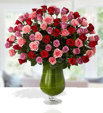 24 Pink, 24 Red and 24 Purple Rose in a glass vase. Premium Bouquet