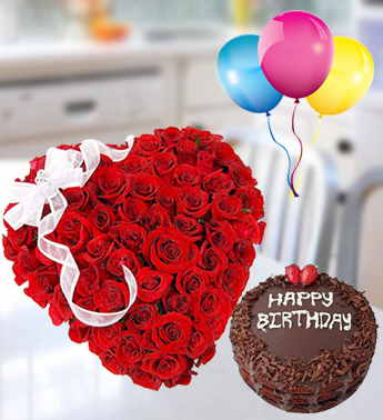 Heart Shape arrangement of 40 Red Roses , 3 Latex Balloon and 1 Kg chocolate Cake . Romantic Love