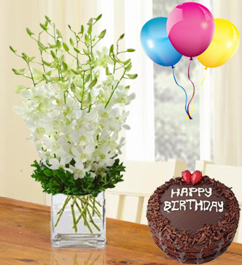 Bunch of 20 Stems of White Orchid , 1 Kg Chocolate Cake , 3 Latex Balloon Orchid Combo