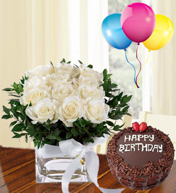 Bunch of 12 White Roses with 1 Kg Chocolate Cake and 3 Latex Balloon Cherishing White
