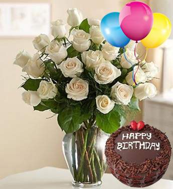 Bunch of 24 White Roses , 1Kg Chocolate Cake and 3 Latex Balloon Joyfull Birthday Combo