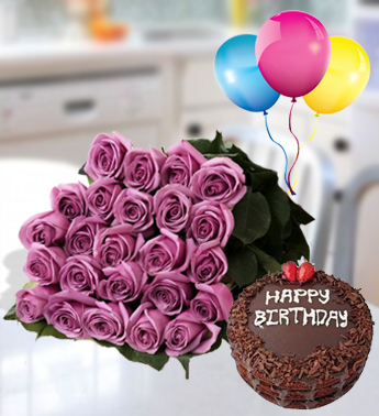 Flat Bunch of 24 Purple Roses in nice wrapping , 1 Kg Chocolate Cake and 3 Latex Balloon Glorious Birthday Roses