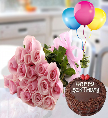Bunch of 20 Pink Roses in nice wrapping, 1 Kg Chocolate Cake and 3 Latex Balloon Pink Gift
