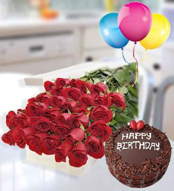 Flat Bunch of 36 Red Roses in nice wrapping, 1Kg Chocolate Cake , 3 Latex Balloon More Than Words Combo