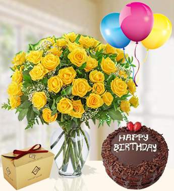 Bunch of 36 Yellow Roses with greens with 1 Kg Chocolate Cake , 3 Latex Balloon and 130gms Choco Chocolate Sunny Birthday Special