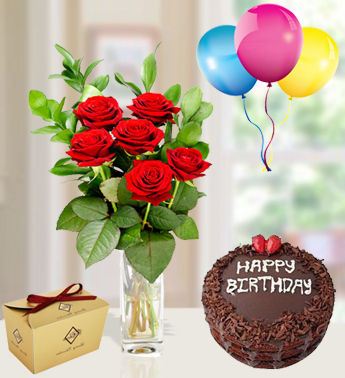 Bunch of 6 Red Roses with greens ,130 gms of Choco Chocolate , 1 Kg Chocolate Cake and 3 Latex Balloon Passionate Birthday Gift