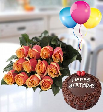 Flat Bunch of 12 Orange Roses in nice wrapping, 1 Kg Chocolate Cake and 3 Latex Balloon Forever Rememberance