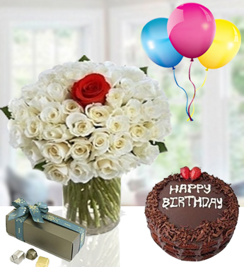 Bunch of 40 White and 1 Red Roses in centre , with 250 gms Patchi Chocolate , 1 Kg Chocolate Cake and 3 Latex Balloon Love Special