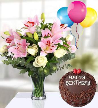 Bunch of 10 White Roses and 4 stems of Pink Lilies with fillers with 1 Kg Chocolate Cake and 3 Latex Balloon Cherry Birthday Bash