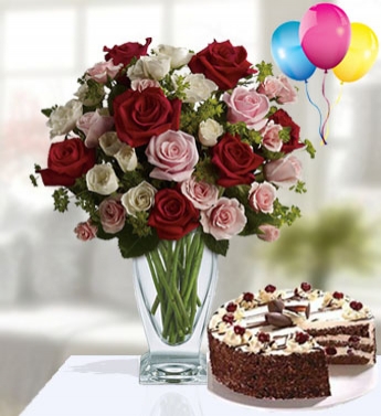 Bunch of 10 Red ,10 Pink & 10 White Roses with fillers with 1 Kg Chocolate Cake and 3 Latex Balloon Silent Love Birthday Combo