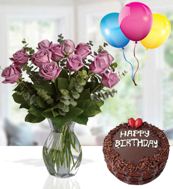 Bunch of 12 Purple Roses with fillers with 1 kg chocolate Cake and 3 Latex Balloon Sugar Surprise