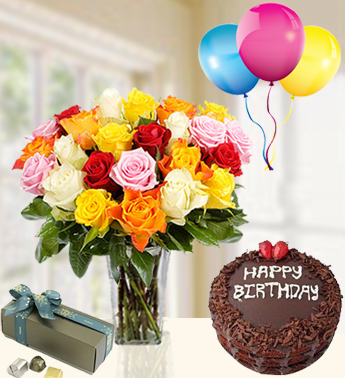 20 stems of Mixed Colour Roses in a Glass vase with 250 gms Patchi chocolate , 1 kg Chocolate Cake and 3 Latex Balloon Mixed Roses Birthday Combo