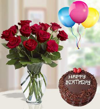12 Red Roses with fillers in a Glass vase with 1 Kg Chocolate Cake and 3 Latex Balloon Fresh Love Surprise