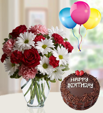 Bunch of 6 Red Roses , 6 Peach Carnations & 3 stems of White Chrysanthemums with 1 Kg Chocolate Cake and 3 Latex Balloon All is Fair In Love Gift